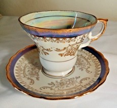 Royal Crown Cup &amp; Saucer Gold Blue White Vintage Lusterware - £19.93 GBP