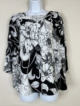 Easywear By Chico&#39;s Womens Size 2 (L) Blk/Wht Floral Knit Top 3/4 Sleeve - $7.20