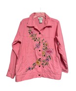Quacker Factory Womens Denim Jacket Pink Large Cotton Embroidered Floral... - £27.60 GBP