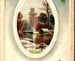 Window Cabin Scene Holly A Merry Christmas Embossed 1910 Postcard - $3.91