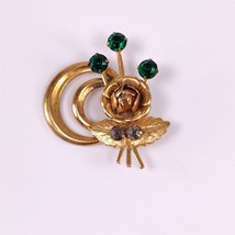 ✅ Vintage Gold Plate Green Rhinestone Brooch Pin Jewelry Rose Mid Centur... - £5.72 GBP