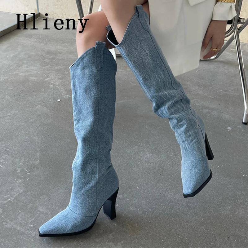 Hlieny Western Style Blue Denim Women Knee High boy Boots Autumn Winter Small Sq - £99.17 GBP