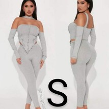 Grey Ribbed Crop Top &amp; Leggings Two Piece Set~ Size S - £35.14 GBP