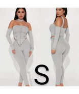 Grey Ribbed Crop Top &amp; Leggings Two Piece Set~ Size S - £34.56 GBP