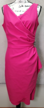 Alex Evening Bodycon Dress Women Size 7 Hot Pink Nylon Wrap V Neck Ruched Brotch - £50.94 GBP