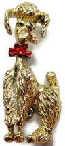 French Poodle Pin Gold Tone Dog Red Enamel Accented Bow Vintage Brooch Costume - £9.88 GBP
