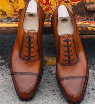 Men&#39;s Brown Lace Up Dress Formal Shoes, Handmade Men Cap Toe Pure Leathe... - £124.60 GBP
