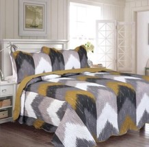 Sonic Zig Zag Geometric Mustard Reversible Bedspread Quilted Set 3PCS King Size - £38.69 GBP