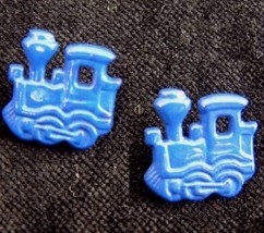 TRAIN ENGINE BUTTON EARRINGS-Model Railroad Funky Jewelry-BLUE - $3.97