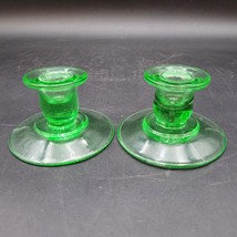 Two Vintage Green Depression Short Uranium Glow Glass Round Candle Holders - £18.47 GBP