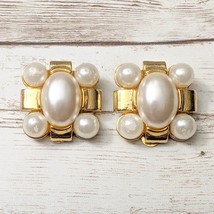 Vintage Clip On Earrings Rectangular Gold Tone &amp; Faux Pearl - Some Damage - £11.18 GBP