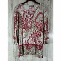 Chicos Womens Top Shirt Size 2 Or Large Pink Khaki Paisley Medallion Print - £17.84 GBP