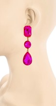 3&quot; Long Classic Elegant Linear Clip On Fuchsia Hot Pink Crystal Earrings Pageant - £14.42 GBP