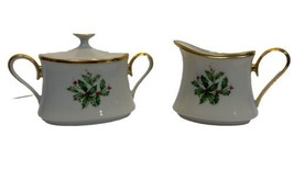 Lenox Holiday Dimensions Bone China Cream &amp; Sugar Set Holly &amp; Berries Gold Trim - £77.30 GBP