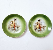 Lot 2 Gibson Girl in Swimsuit on Dock Plates 6.25&quot; Green Trim C1900s Rare! - £38.94 GBP
