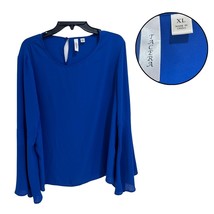 TACERA Women’s XL Blue Bell Sleeve Blouse Keyhole Back Round Neck Casual... - $16.83