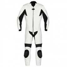 Men Black White Contrast Motorcycle Genuine Leather Pant Suit With Safety Pads - £237.00 GBP