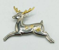 Hallmark Signed Leaping Reindeer Christmas Pin Brooch Stars 3&quot; Long 2&quot; Tall - $9.89