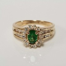 2.20Ct Oval Cut Simulated Green Emerald&amp; Diamond Halo Ring In Yellow 925 Silver - £95.25 GBP