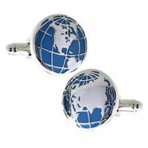 WORLD MAP CUFFLINKS Globe Trotter Jet Set Traveler Travel Blue Silver w ... - $11.95