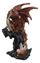 Fantasy Red Volcano Dragon Perching On Rock Cavern with Crystals Small F... - $18.99