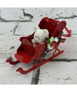 Tiny White Teddy Bear In Red Carriage Sled Christmas Decor Ornament - $9.89