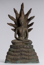 Antico Sukhothai Stile Bronzo IN Meditazione Naga Statua di Buddha - 32c... - £324.74 GBP