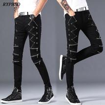 Casual Gothic Streetwear Slim Jeans with Leather Patchwork and Zipper De... - £59.94 GBP+