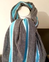 Sferra Cotton Wool Blend Grey Scarf Aqua &amp; White Stripes Fringed 24x72" New - $48.90