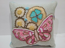 Spring Summer Easter Pastel Butterfly Beaded Throw Pillow Gorgeous! 12&quot; x 12&quot;  - £29.56 GBP