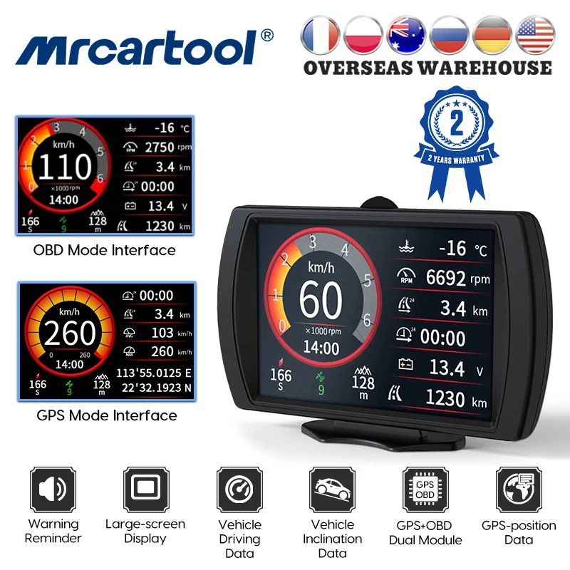 Mrcartool Car Obd &amp; Gps Hud Speedometer Slope Meter Overspeed Alarm Automotive - £24.13 GBP+
