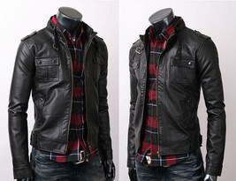 Mens Biker Vintage Belted Rider Strap Pocket Slim Fit Leather Jacket - $94.86 CAD+