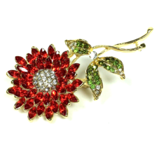 Modern Rhinestone Daisy Flower Brooch Pin 2.5&quot; Red Green Clear Crystals - £14.67 GBP