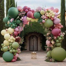 Pink Green Yellow Balloon Garland - Double Stuffed Sage Green Dusty Rose Pink Ol - £29.26 GBP