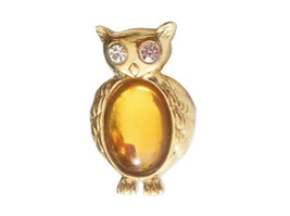 Jelly Belly Jewelry Owl Pin Gold Tone Amber Glass Stone Vintage Monet Br... - $16.95