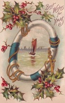 Nautical Christmas Sailing Scene in Life Preserver Anchor Rope Postcard D58 - $2.99