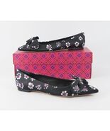 Tory Burch Black Stamped Floral Silk Bow Pointed Toe Leather Ballet Flat... - $193.05