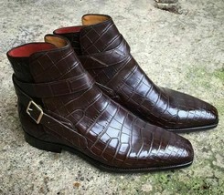 Men Handmade Brown Color Crocodile Embossed Calfskin Leather Jodhpurs ankle boot - £110.78 GBP+