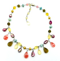 Vintage 80&#39;s Beaded Stone Pearl Glass Charm Necklace - £17.46 GBP