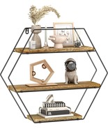 Hexagon Floating Shelves Wall Mounted Wood Metal Bracket Rustic Farmhous... - $32.66