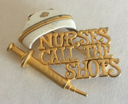 Vintage AJC Nursing Pin Brooch Nurses Call the Shots Cap Syringe Goldtone Enamel - £10.23 GBP