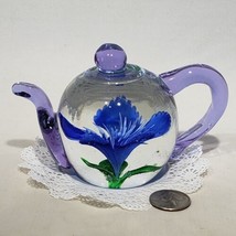 Hand Blown Studio Art Glass Blue Flower Teapot Paperweight 5.25x3.5 Polishd Base - £21.54 GBP