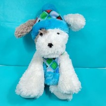 Christmas Puppy Dog Stuffed Plush White Blue Green Winter hat Scarf 14&quot; Hug Fun - £19.48 GBP