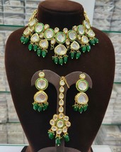 Pakistani Heavy Kundan Green Meena Bridal Necklace Earrings Tikka Jewelry Set - £40.26 GBP