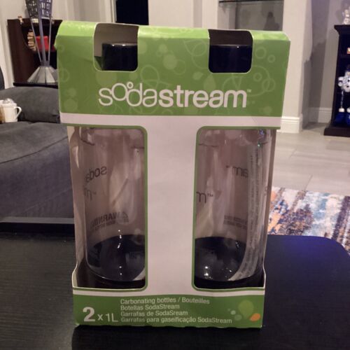 Primary image for NEW Sodastream Bottles 2X1 Liter Black Top, Plastic Carbonating Twin Pack 