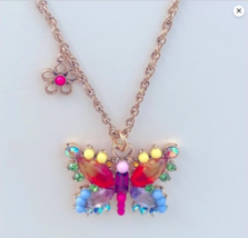 Betsey Johnson Gold Tone Slide Love Fest Butterfly Multicolored Crystal Necklace - £31.65 GBP