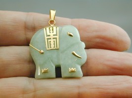14k Gold &amp; Carved Green Jade Good Fortune Figural Elephant Pendant - £138.38 GBP