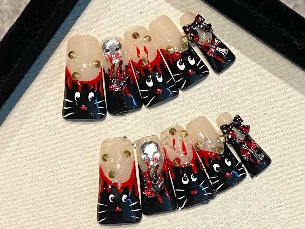 press on nails glue on black cat red drip halloween kawaii cat spooky cu... - $24.99