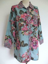 Soft Surroundings Scattered Roses Top PS Petite S Tunic Blouse Floral Blue Pink - £22.81 GBP