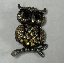 Iridescent Rhinestones Jeweled Black Eyes Owl Bird Brooch Pin Jewelry - £22.30 GBP